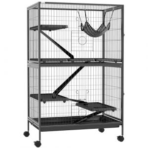 PawHut Cage pour Petits Animaux 4 Niveaux Cage pour rongeurs avec Roues, rampes, hamac Suspendu et Plateau Amovible Enclos pour Lapins Chinchillas Furets 80x52x128 cm Gris fonc&eacute; (OutSunny Iberica, neuf)
