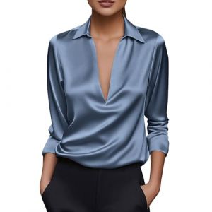RLEHJN Chemisier En Satin Pour Femme Col En V Chemise Femme Chic Et &Eacute;l&eacute;gant Blouse En Satin Femmes Couleur Unie Chemisier En Soie Haut &Agrave; Manches Longues Tunique Haut Chic Pour Soir&eacute;e Mariage Business (⭐⭐⭐⭐⭐RLEHJN, neuf)