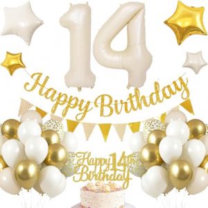 D&eacute;coration d'anniversaire 14 ans, d&eacute;coration pour gar&ccedil;on de 14 ans blanc et or, d&eacute;coration d'anniversaire 14 ans pour gar&ccedil;on, ballons gonflables pour 14e anniversaire, guirlande Happy Birthday, ballon (Estam Store, neuf)