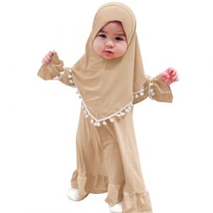 FYMNSI Nouveau-n? Robe de Pri?re pour B?b? Fille, V?tements Musulmans pour Enfants Abaya ? Manches Longues avec Hijab Maxi Ensemble Robe Islamique Kaftan Moyen Orient Arabe Dubai Robe Kaki 0-6 Mois (FYMNSI store, neuf)