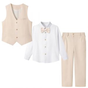 LOLANTA 4 Pièces Costume Garçon Mariage, Lin Gilet Pantalon Vetement Cérémonie Enfant, Tenue en Baptême, Fête d'anniversaire, Beige, 8-9 Ans, 140 (LOLANTA, neuf)