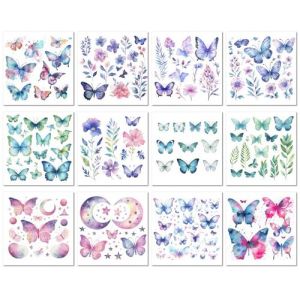 Lot De 12 Tatouages Temporaires Pailletés, Imperméables, Motif Papillon, Violet Et Vert, Longue Durée, Pour Femmes Et Enfants (PEKNUX, neuf)