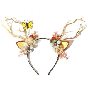 Yechiry Bandeau Couronne de Fleurs en Bois de Cerf, Couronne Florale Fabriqu&eacute;e &agrave; la Main, Guirlande Florale de Taille R&eacute;glable avec Baies et Oreilles de Cerf Garnies de Dentelle pour (Bandeau) (Recrearts, neuf)