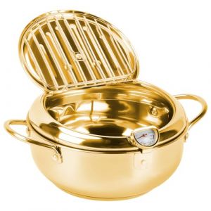 mumisuto Friteuse Japonaise Tempura Avec Thermom&egrave;Tre, Po&ecirc;Le &agrave; Frire Tempura, Friteuse Tempura Japonaise En Acier Inoxydable Avec Couvercle Et &eacute;Gouttoir &agrave; Huile Pour Frites Crevettes (Or, 28CM) (Mairubo, neuf)