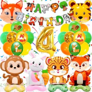 Decoration Anniversaire Jungle Animaux pour 4 Ans Enfants, Kit Ballon Animaux de la Foret, avec Banderole, Facile à Utiliser, pour Fête à Thème Animaux de la Jungle (MXKJ-EU, neuf)
