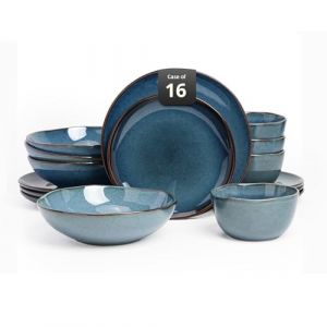Home VSS Highland Service de table 16 pi&egrave;ces pour 4 personnes, double bol, assiettes et bols en gr&egrave;s r&eacute;sistant aux rayures, passe au micro-ondes et au lave-vaisselle - Vernis naturel r&eacute;actif - Bleu (Home VSS, neuf)