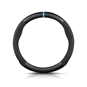 Ergocar Forme Ronde Fibre de Carbone & Microfibre PU Cuir Couvre Volant Antid&eacute;rapant Couvre Volant Voiture Respirant Sport Housse Volant Voiture pour Diam&egrave;tre 38cm（15"）-Noir Bleu (koodosq O&Uuml;, neuf)