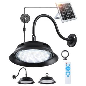 Lampe Solaire Ext&eacute;rieure Int&eacute;rieure avec T&eacute;l&eacute;commande - Minuterie, 3 Temp&eacute;ratures de Couleur, Luminosit&eacute; R&eacute;glable, 5000mAh, Installation Murale ou Suspension pour Jardin All&eacute;e Garage Pergola Cabanon (FabSLight EU, neuf)