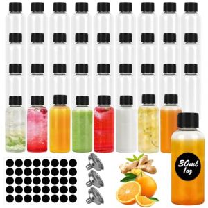 Lot de 36 bouteilles en plastique de 30 ml &agrave; remplir, bouteilles de jus vides transparentes &agrave; remplir avec couvercles anti-fuite, 1 brosse de nettoyage, 1 stylo, 3 entonnoirs et 1 &eacute;tiquette (DERUNRUN, neuf)