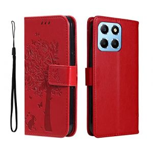 GOKEN Coque pour Honor 70 Lite/Honor X6 / Honor X8 5G, Housse Flip TPU/PU Portefeuille Cuir Portefeuille &Eacute;tui avec Carte Fente/Stand Fonction, Emboss&eacute;e Motif Magn&eacute;tique Case Cover, Rouge (ALIDOU, neuf)