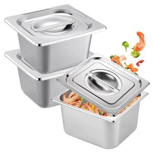 3 Pièces Bac Gastronorme, Bac Inox Alimentaire avec Couvercle, Plat Inox Barbecue, Plat Rectangulaire pour Mariner Viande, Escalopes, Empilable Set à Panure, Récipient pour Cuisine (17.5x16.5x10cm) (CEANNA, neuf)