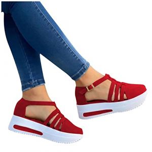 Sandale Femme Compensées Confort Mules Été Et N u-Pieds Plateforme Plate Chaussures Bout Fermé Sandale Bride Cheville Noir Été Espadrille Compensées Plateforme Plates Chaussures à Bout (Red-D, 38) (geherl, neuf)