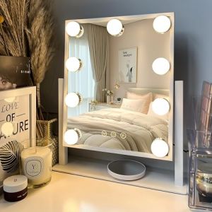 LuxeVue Miroir de Maquillage avec lumières, Miroir de Table 30x36 cm, 3 Modes d’éclairage réglables par capteur Tactile, Miroir grossissant Amovible 10X (Petit Miroir Rond), Cadre en métal (LuxeVue Official, neuf)