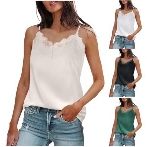 G&eacute;n&eacute;rique Caraco Satin Femme Dentelle Sexy, &Eacute;t&eacute; Debardeur Chic et Elegant Col V Camisole Ample D&eacute;bardeur Bretelles Fines sans Manche Haut Ete, Vetement Mode Tank Tops Caraco D&eacute;contract&eacute; (Beige, L) (FATUS, neuf)