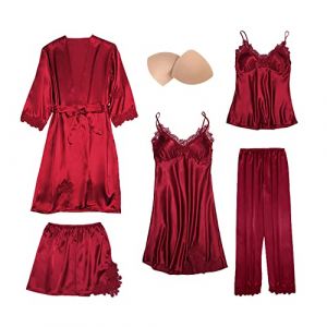 QraraZL Femme 5 Pi&egrave;ces Satin Pyjama Set, Dentelle Kimono Robe Pyjama Set, Sexy N&eacute;glig&eacute; Short et Pantalon Long Chemise de Nuit 5-pi&egrave;ces, avec Coussinets de Sein Rouge S (beauty us, neuf)
