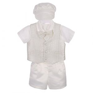 Lito Angels Vetement Costume Bapteme Garcon Bebe, Ensemble de 4 Pieces (Chemise, Gilet, Pantalon et Bonnet), Ivoire - Manche Courte, Taille 9-12 mois (Lito Angels FR, neuf)