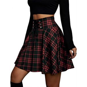 KOJOOIN Jupe &agrave; carreaux pour femme - Mini jupe pliss&eacute;e gothique - Taille haute - Robe de cosplay - Ligne A &agrave; lacets (emballage multidirection), rouge, L (Fawsed, neuf)