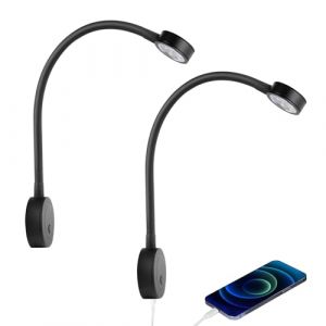 acegoo Lampe de lecture LED 12V camping-car lit murale chevet, col de cygne flexible dimmable DC12-24V avec variateur et chargeur USB pour bateau cabine camion van caravane, 2PCS (noir) (Acegoo EU, neuf)