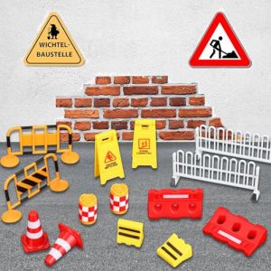 28pcs Accessoires de Lutin pour Chantier de Construction, Ensemble de Bo&icirc;te &agrave; Outils Miniature, Mini Panneau Signalisation, Panneau de Signalisation Routi&egrave;re Jouet (Saisilun, neuf)