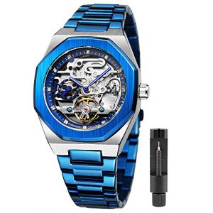 Tiong Mécanique Montres Hommes Mode Automatique Horloge Homme Bleu en Acier Inoxydable Étanche Montre Squelette d'affaires (mebeni-uk, neuf)