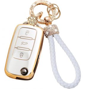 RXXR Coque clé de Voiture avec Porte Clés Compatible avec VW Volkswagen Golf 5 6 Polo Touran Touareg Passat MK6 Caddy Jetta Scirocco Skoda Seat, 3 Boutons étui pour Clé de Voiture (RXXR-EU, neuf)