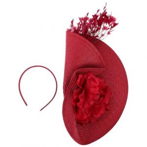 MUSISALY Chapeau Bibi pour Femme Rouge Vin Serrage-Tête à Fleurs et Plumage Fait Main Accessoire Léger pour Mariage Cocktail et Tea Party Bibi Élégant pour Occasion Formelle (YangF, neuf)