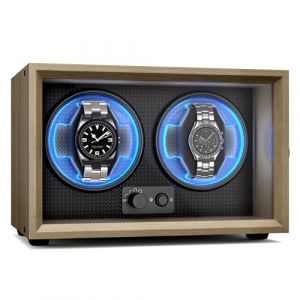 KLARSTEIN Brienz 2 Remontoir Montre Automatique - Remontoir Silencieux pour 2 Montres avec Boîtier en Bois, 4 Modes De Rotation, Éclairage LED & Coussin Mémoire De Forme (Klarstein France, neuf)
