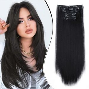 Dcbaboo Postiche Extension Cheveux Naturel Clip Lisse Noir Naturel, Extension a Clip Cheveux Naturel Raides Longue 6PCS Rajout Cheveux Extension de Cheveux a Clip Synth&eacute;tique pour Femme (Dcbaboo, neuf)