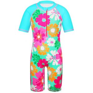 HUAANIUE Filles Maillot de Bain 1 Pi&egrave;ce 2-12 Ans, Anti-UV UPF 50+ Manches Courtes, Fermeture &Eacute;clair Frontale, Imprim&eacute;s Color&eacute;s, Id&eacute;al pour Plage et Piscine (S253-Fleur Cyan, 5-6 Ans) (HUANQIU EUR STORE, neuf)