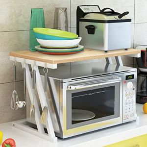 Support Extensible en Métal, Étagère stable pour four à micro-ondes support d'étagère pour four à micro-ondes à hauteur réglable avec 3 crochets suspendus Organisateur de rangement de cuisine 25 kg (Hechheu, neuf)