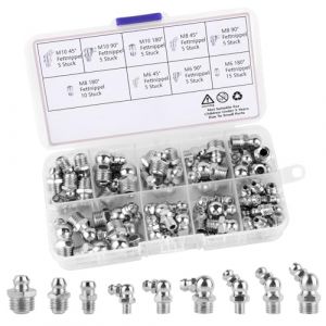 UKOFEW 60 Pièces Assortiment Graisseur, M6 M8 M10 Graisseur, Assortiment de Graisseur a Visser, Droit Graisse Raccord 45° 90° 180°, avec Boîte en Plastique, pour Équipement Mécanique (STOREMOSELLI, neuf)