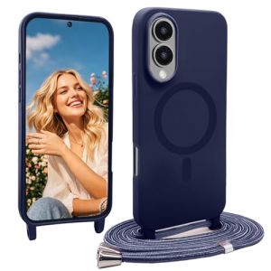 YANJIEER Coque Collier pour Samsung Galaxy S25 Edge Magn&eacute;tique avec Cordon, &Eacute;tui Souple Silicone Lanyard R&eacute;glable Compatible avec MagSafe, Housse Fine Antichoc Lani&egrave;re Corde Fille Case Bleu fonc&eacute;6 (ESONG, neuf)