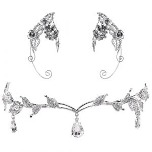Vxcbad Boucles d'oreilles d'elfe et couronne d'elfe, diad&egrave;me d'elfe argent&eacute;, costume d'elfe pour femme, oreilles d'elfe enfants, convient pour carnaval, cosplay, photographie costum&eacute;e, f&ecirc;te costum&eacute;e, (QingYiHe, neuf)