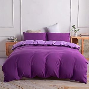 Parure de Lit Réversible 100% Microfibre Couleur Unie, Linge de Lit avec Fermeture Eclaire, 1 x Housse de Couette 230x260 cm 2 Personnes et 2 x Taies d'oreiller 50x90 cm, Violet Foncé/Mauve (Cote d'Anran, neuf)