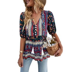 CNTSFS Chemisier élégant et décontracté pour femme, style bohème, col en V, motif floral, tunique ample, manches longues, pour l’été, Noir , XXL (CNTSFS, neuf)