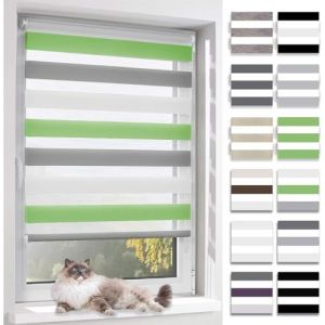 BelleMax Store Enrouleur Jour Nuit,Tissu Double,Rideau sans Per&ccedil;age,Translucide Occultant Protection Vie priv&eacute;e,pour Fen&ecirc;tre et Porte,(Largeur du Tissu 70 cm),Vert-Gris-Blanc,70l x 150L cm (Ominia, neuf)