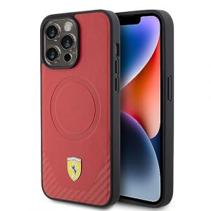 CG MOBILE Ferrari Coque de téléphone compatible Magsafe et iPhone 15 Pro fond en polyuréthane rouge, coque de protection et durable en fibre de carbone PU facile à clipser, absorption FEHMP15LPTER (B2B TRADING, neuf)