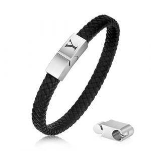 Bracelet en cuir pour homme - Longueur r&eacute;glable - Avec lettres de l'alphabet - En acier inoxydable - Gravure A-Z - Noir - Bracelet en cuir tress&eacute; avec fermeture magn&eacute;tique (HONGSIDOXMC, neuf)