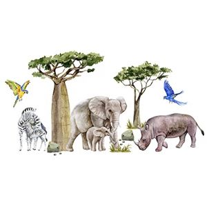Osomhome Sticker mural animaux de la jungle, safari, savane, z&egrave;bre, &eacute;l&eacute;phant, rhinoc&eacute;ros, arbres tropicaux pour chambre d'enfant gar&ccedil;on ou b&eacute;b&eacute; - 240 x 125 cm, xl Transparent (osomhome, neuf)