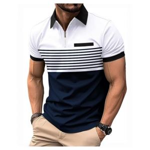 crazy bean Polo à Manches Courtes Homme col Zippé Tee Shirt Homme col V Rayé Polo Été Vetement avec Fausse Contrasté pour Travail Tennis Golf Casual Cadeau,Blanc et Marine,L (Acozyu, neuf)