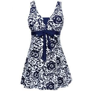 Wantdo Femme Maillot de Bain 1 Piece Jupette Amincissant Slim Col V Cache Ventre Robe Tankini Floral Push Up Grande Taille Porcelaine Bleu Marine 44-46 (C'est la vie, neuf)