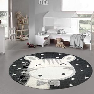 Teppich-Traum Tapis de Chambre d'enfant Moquette de Jeu pour Bébé Optique 3D à Effet High Low Motif Cheval crème Gris Noir 200 cm Rond (Teppich-Traum, neuf)