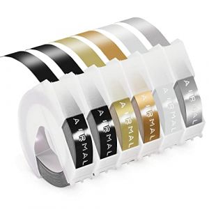 Airmall Lot de 6 rubans de gaufrage 3D compatibles pour Dymo Omega Junior 9 mm x 3 m Étiquettes d'embossage en vinyle autocollantes pour machine à gaufrer Blanc sur noir doré argenté transparent (AIRMALL, neuf)