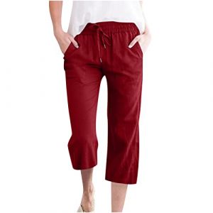 Pantalon Fluide Femme &Eacute;t&eacute; Fluide Coton Lin Taille Haute Elastique D&eacute;contract&eacute;s Pantalons Mode Chanvre Confortable Jogging Plage R&eacute;tro Pants L&eacute;ger Respirant Pantalon avec Poches Pas Cher (⭐⭐⭐⭐⭐5.0 Yaair-OEF, neuf)