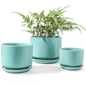 LE TAUCI Lot de 3 pots de fleurs en c&eacute;ramique avec trou de drainage et soucoupe pour int&eacute;rieur avec trou de drainage et coussinet en maille, cadeaux pour maman, turquoise (GoodieEU, neuf)
