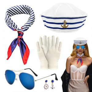 SKHAOVS 5 Pi&egrave;ces Ensemble de Costume de Capitaine de Marin Costume De Marin Pour Femme,Chapeau marin,Accessoires Nautiques,pour Yacht Party Halloween Cosplay F&ecirc;te (5 PCS) (ZhiTu Eu, neuf)