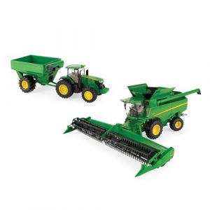 ERTL John Deere Kit de récolte agricole – Échelle 1:32 – Comprend un tracteur John Deere 7290R, une moissonneuse-batteuse S780 et un chariot à grains – Jouets de collection sous licence officielle (MARKETOY, neuf)