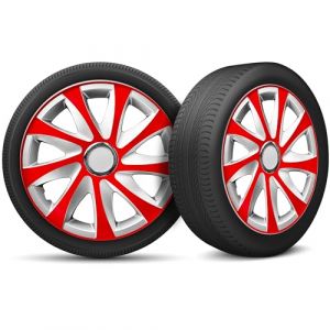 Moltico Enjoliveur - Set de 4 Universel Enjoliveurs - Adapté à Toutes Roues en Acier - Enjoliveurs pour Auto - Anneau de Sécurité Réglable - 16 Pouces - Rouge-Argent (Moltico-Shop, neuf)
