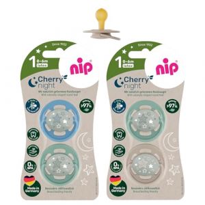 nip® Cherry Sucettes Nuit Natural Rubber 0-6 meses, lot de 4, made in Germany (babywaren24, neuf)