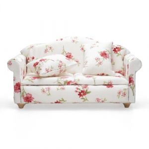 Odoria Maison de Poup&eacute;e Canap&eacute; Miniature - 1/12 &Eacute;chelle Canap&eacute; pour Deux Salon Chambre &agrave; Coucher Vintage - Mini Fauteuil Meuble Tissu Floral Blanc (Cardinas, neuf)